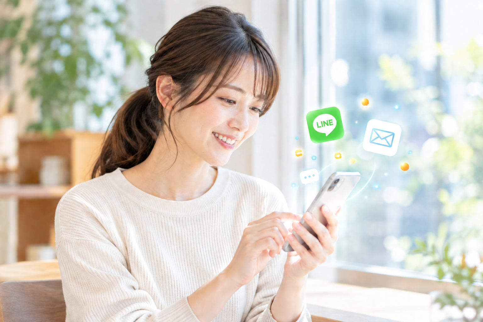 スマホでLINE・メール相談する女性（お問い合わせイメージ）