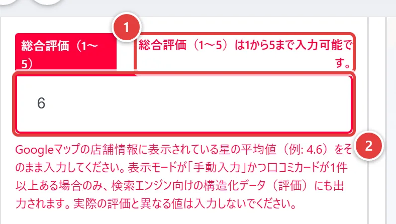 入力エラーの例。1が赤字のエラーメッセージ、2が赤枠になった入力欄