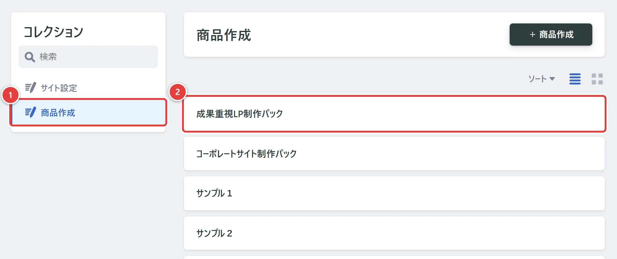 「商品作成」の一覧。1が左メニューの「商品作成」、2が編集したい商品の行（例：成果重視LP制作パック）